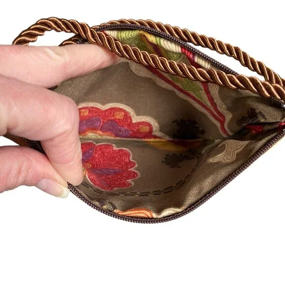 Women's brown orange tan zippered wristlet pouch clutch bag rope wrist strap - Picture 3 of 4